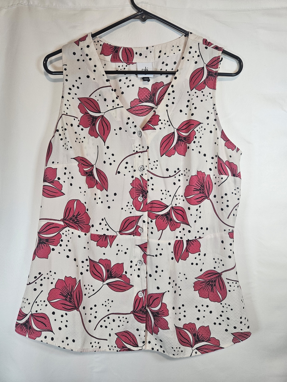 CAbi White Sleeveless Button-Front Top with Pink Floral Print